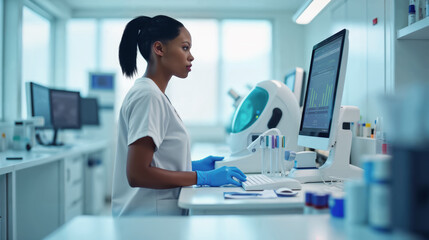 Female scientist wearing lab gloves works in a modern environment surrounded by test tubes and advanced technological equipment.
