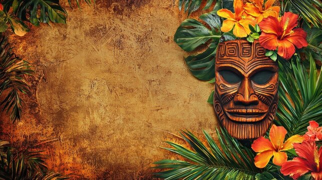 Tiki mask background. Hawaiian party poster or banner design with wooden Tiki mask, palm leaves and flowers on old stone wall