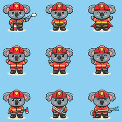 Vector Illustration of Koala cartoon with Firefighter costume. Set of cute Koala characters.
