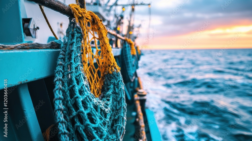 Poster by-catch reduction devices in use aboard a fishing vessel with an open ocean horizon as the backdrop
