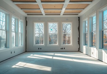 Bright and Spacious Empty Room with Large Windows, Natural Light Filling the Interior, Ideal for Interior Design or Renovation Projects, Modern and Minimalist Aesthetic