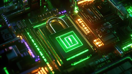 Fototapeta premium Abstract digital lock glowing in vibrant neon against a high-tech cyber theme.