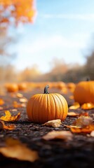 Small orange pumpkin resting on the ground in a natural outdoor setting during autumn season