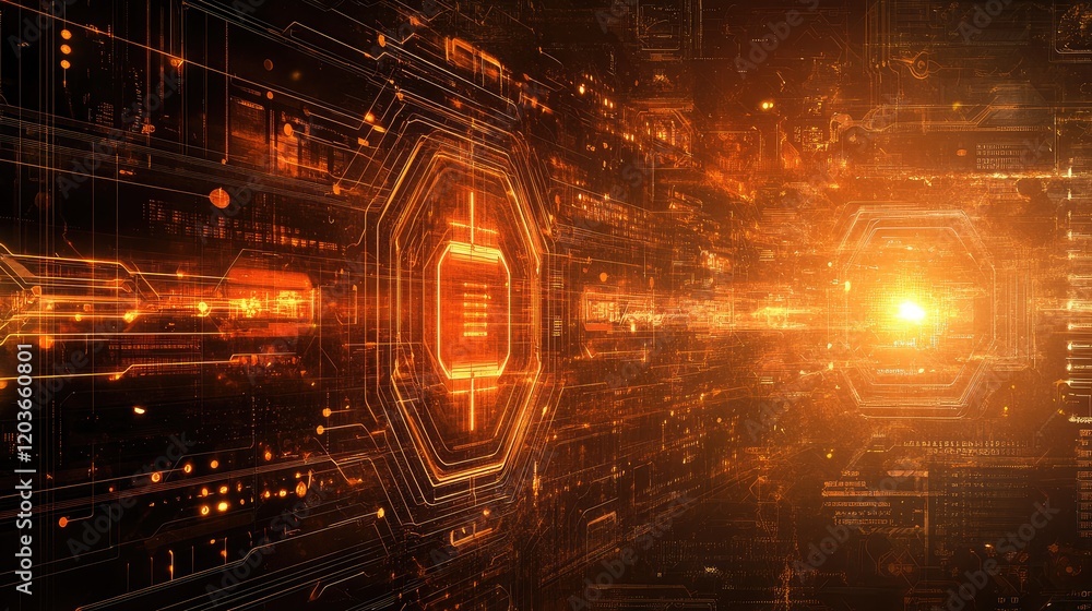 Aufkleber abstract firewall concept with sparks and glowing shield symbols on a tech background.