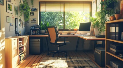 Fototapeta premium Modern home office with ergonomic chair and large desk