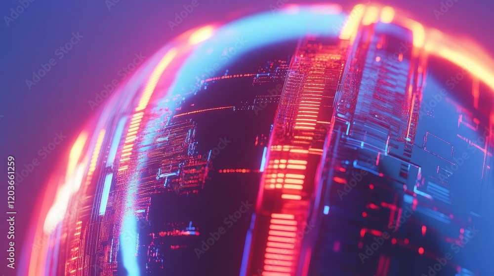 Poster abstract network globe with glowing cybersecurity elements in vibrant tones.