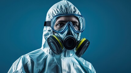 The scientist’s focused expression, protected by a biohazard suit and mask, conveys urgency and dedication in medical and epidemic response.