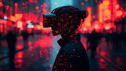 Woman in VR headset on city street at night, digital overlay.