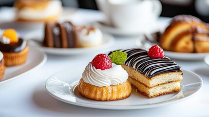 Plate of assorted pastries including desserts and sweet treats arranged on a white background