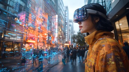 Woman in VR headset views futuristic city data overlay.
