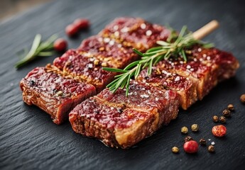 Juicy Grilled Meat on Slate Plate Garnished with Fresh Rosemary and Spices, Perfect for Culinary Creations and Gourmet Presentation