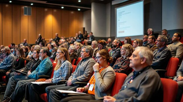 An audience of people in the conference hall, listening to an indoor presentation at a business workshop or conference meeting with a speaker presenting on stage. 
