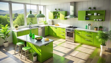 Eco-Friendly Green Kitchen Appliances & Recycling Symbol: Aerial View