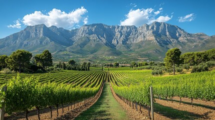 Picturesque Vineyard Under Majestic Mountains on a Sunny Day in the Countryside