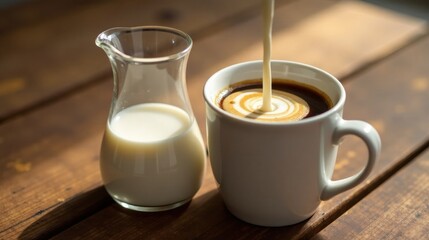 Creamy Milk Swirling into Rich Coffee in a Rustic Setting on Wooden Table
