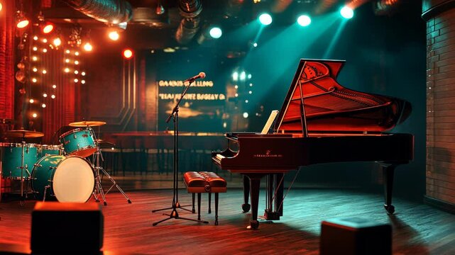 Beautiful stage with a grand piano, drum set, and microphone against the backdrop of a night club. A man playing the piano in a jazz bar. Realistic photography.