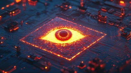 A glowing eye in a high-tech circuit board symbolizing cybersecurity vigilance.