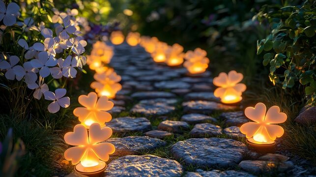 St Patrick's Day Celebration History Peaceful garden path illuminated by glowing flowers.