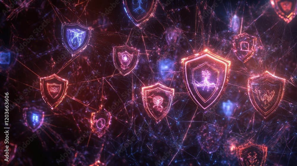 Poster a glowing network of interlinked shield icons against a dark and abstract cyber background.