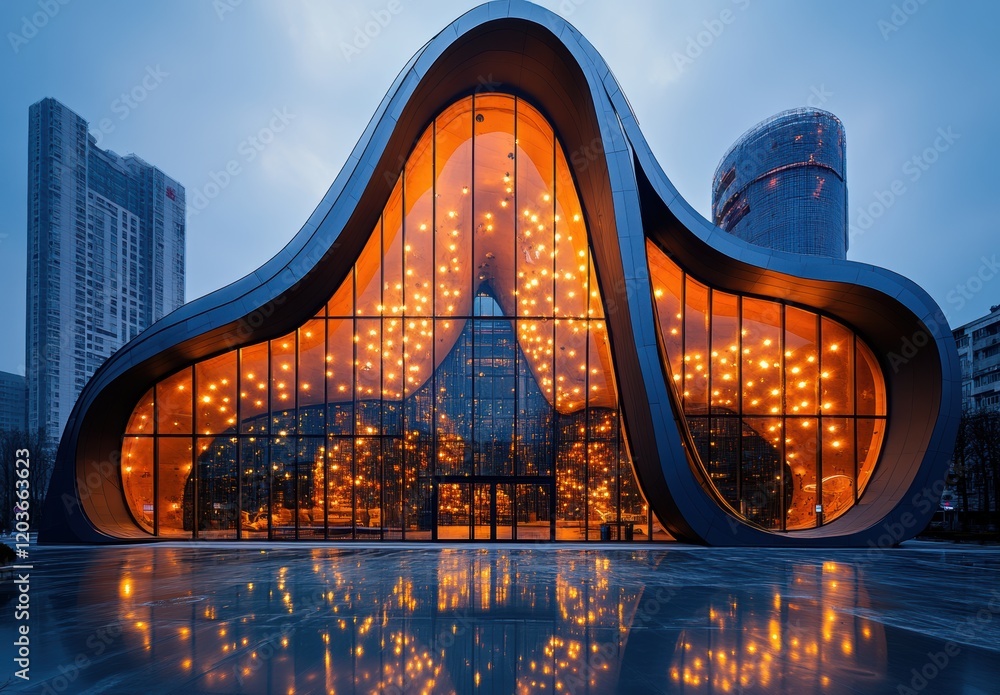 Poster Modern Architecture of a Unique Building with an Organic Design Showcasing Warm Lighting and a Reflective Surface in an Urban Landscape During Dusk