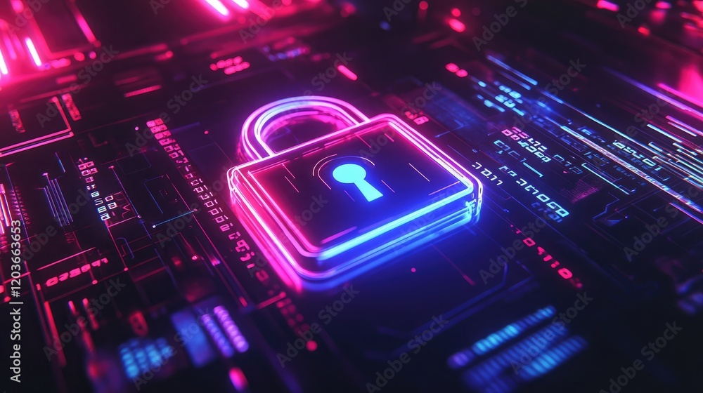Poster a glowing padlock surrounded by binary code and neon blue light, symbolizing cybersecurity. futurist