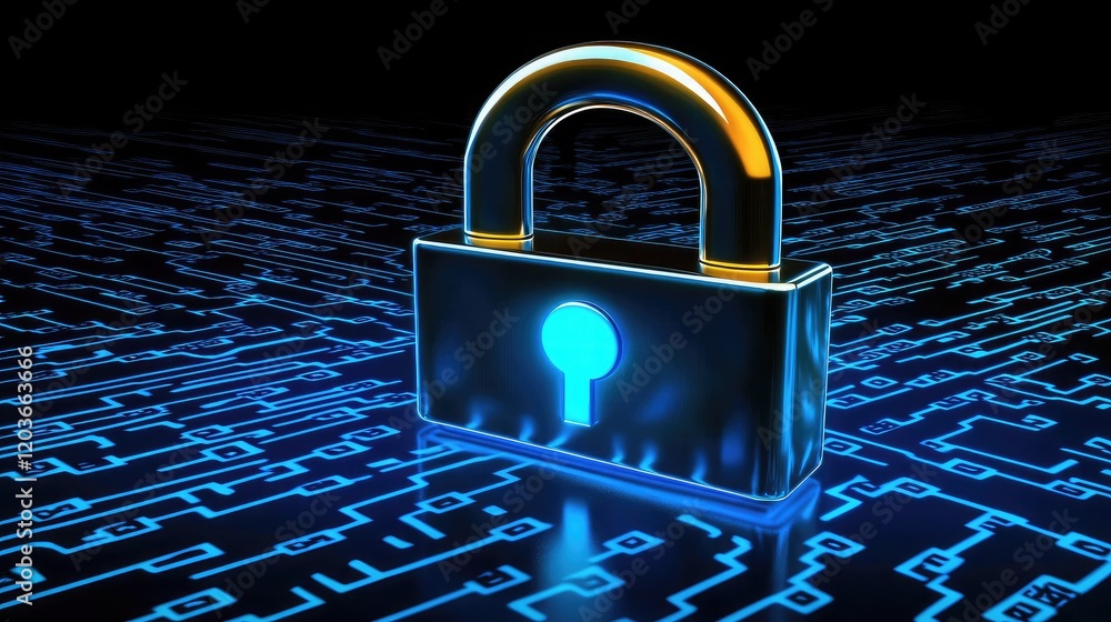 Aufkleber a glowing padlock surrounded by binary code and neon blue light, symbolizing cybersecurity. futurist