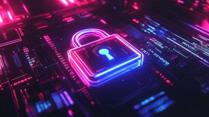Obraz premium A glowing padlock surrounded by binary code and neon blue light, symbolizing cybersecurity. Futuristic dark background with a holographic effect.