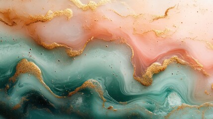 Obraz premium Abstract Fluid Art: Teal, Peach, and Gold Swirls