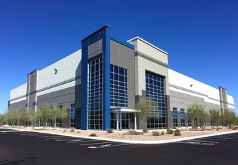 Modern Commercial Building with Large Glass Windows and Blue Accents in a Clear Blue Sky Setting Surrounded by Desert Landscape and Sparse Vegetation