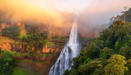 Fototapeta premium Waterfall cascading down rocky cliff in tropical rainforest at sunset