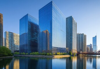 Fototapeta premium Modern Urban Architecture Reflecting in Water with Skyscrapers Surrounded by Greenery in a Vibrant Cityscape During a Clear Day under Blue Sky
