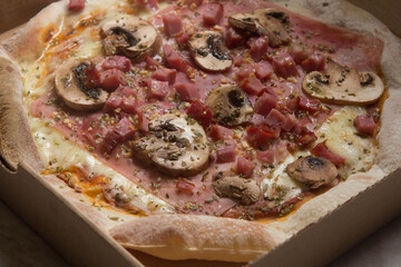 Pizza na caixa de papelão com queijo mozarela e vários sabores e condimentos, feita de massa fina, farinha