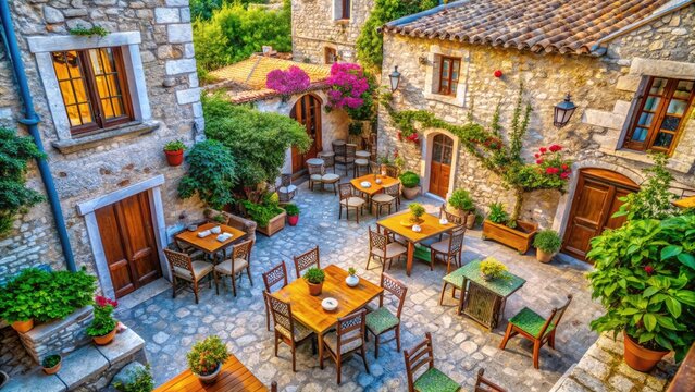 Aerial View of Traditional Greek House with Chairs and Tables in Areopoli - Charming Mediterranean Setting for Relaxation and Dining in Greece