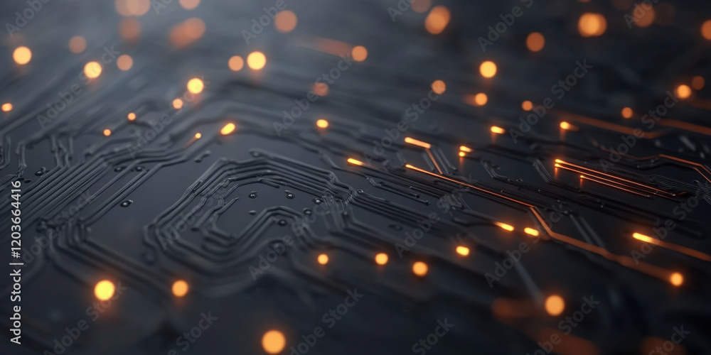 Poster a close-up view of a dark circuit board with glowing orange lights, emphasizing the intricate connec