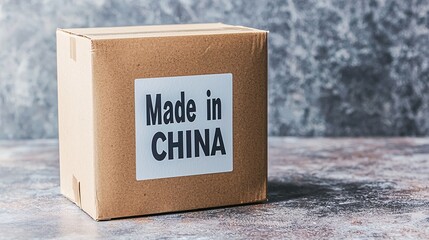 parcel box with the Made in China label prominently shown on the side, resting on a textured, neutral surface. 