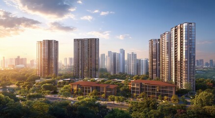 Modern Urban Skyline with High-Rise Buildings Surrounded by Lush Greenery and Clear Blue Sky at Sunrise in an Expanding Cityscape