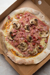 Pizza na caixa de papelão com queijo mozarela e vários sabores e condimentos, feita de massa fina, farinha