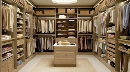 A modern dressing room with glass wardrobes, LED lighting, and a spacious dressing island.