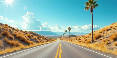 A sun-drenched highway cuts through a vibrant desert landscape, lined with tall palm trees and golden grasses under a brilliant blue sky