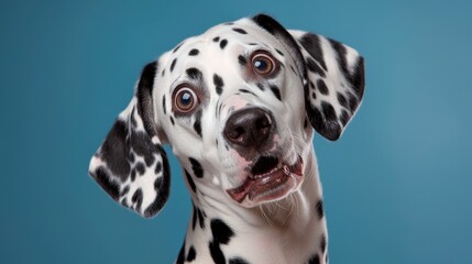 A high resolution digital image showcasing a black and white spotted dalmatian dog in a professional studio setting, his large round eyes wide with surprise as he gazes directly into the camera lens