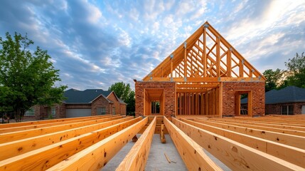 Fototapeta premium A wood roof truss is a structural framework of timbers designed to support the roof of a building