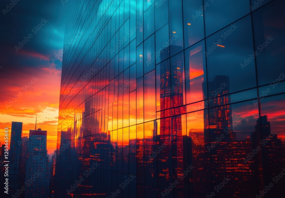 Poster stunning reflection of a vibrant sunset over city skyscrapers with dramatic cloud patterns creating 