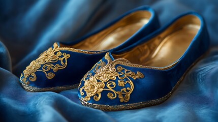 Obraz premium Luxury velvet slippers with gold accents on blue background