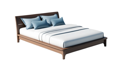 Modern bed with white and blue elements isolated on transparent background.