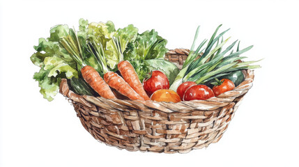 A woven basket filled with fresh vegetables including carrots, lettuce, tomatoes, and green onions, showcasing vibrant colors and natural textures.