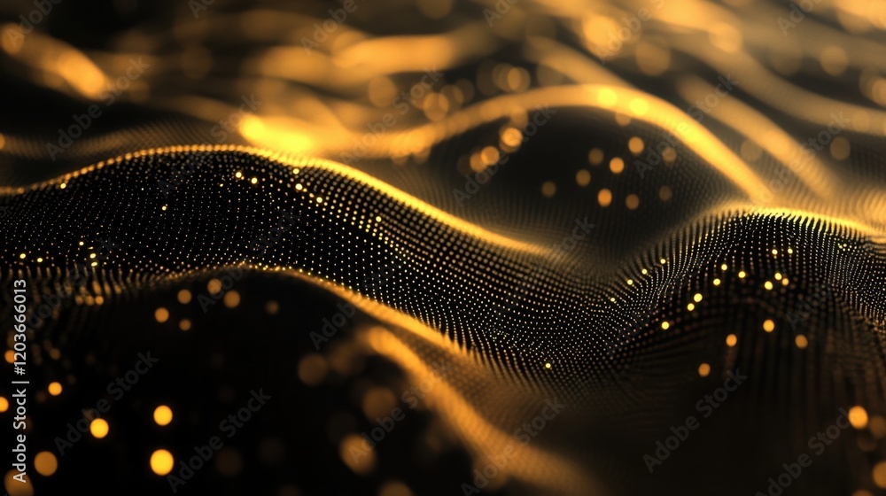 Poster a mesmerizing abstract scene of flowing golden waves with illuminated dots, creating a dynamic and c