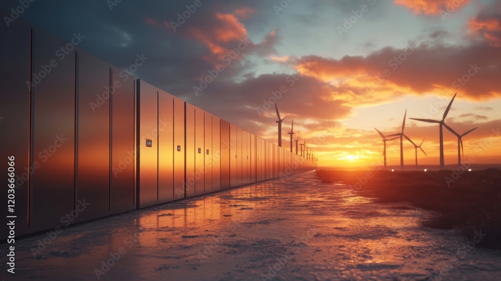 Poster battery storage facility with a grid connection setup showcasing energy resilience systems in action