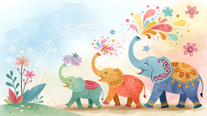 Obraz premium Watercolor elephant illustration, colorful and playful, Songkran good luck symbol with copy space