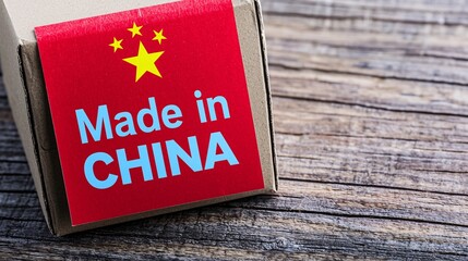 Close-up of a shipping label on a parcel box indicating it was made in China, with the box placed on a wooden table 