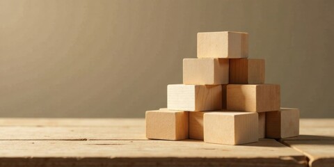 Wooden blocks arranged in a pyramid shape on a rustic wooden surface, illuminated by soft natural light